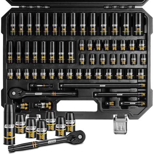 60-Piece/67-Piece 3/8" Drive Impact Socket Set, Metric & SAE Shallow Deep Socket Kit with Swivel Sockets, Extensions, Adapters & Universal Joint