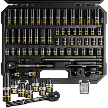 60-Piece/67-Piece 3/8" Drive Impact Socket Set, Metric & SAE Shallow Deep Socket Kit with Swivel Sockets, Extensions, Adapters & Universal Joint