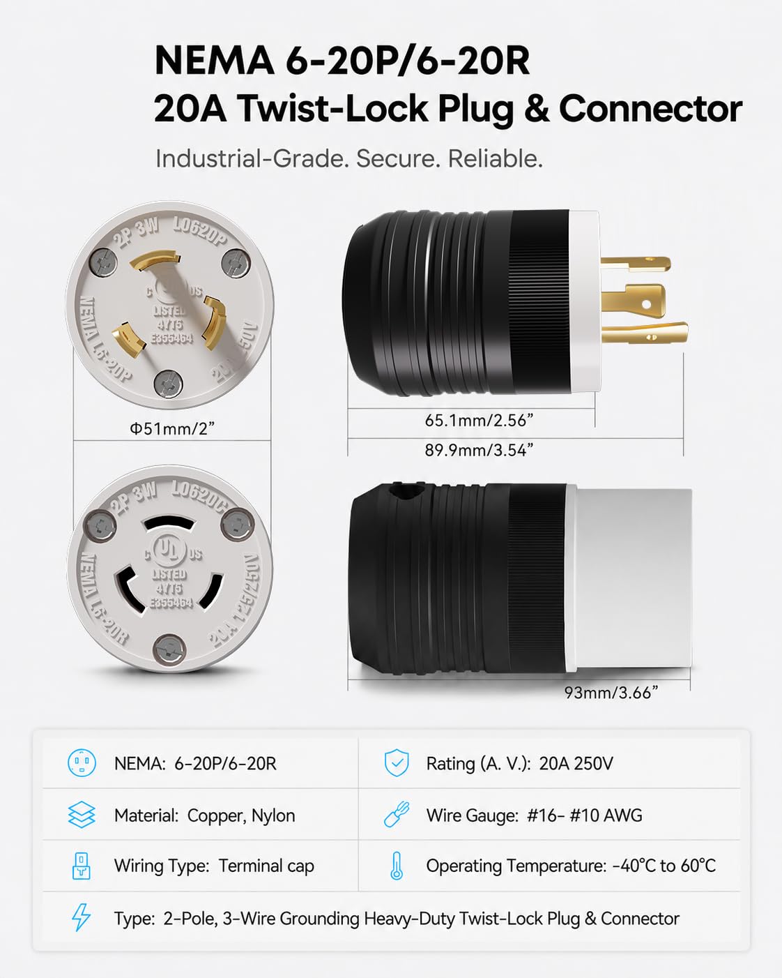 2 Set NEMA L6 (Black / L6-20P&L6-20R)