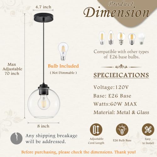 8" Globe Pendant Light 2 Pack Pendant Lights Kitchen Island Black Clear Glass Pendant Lights Height Adjustable Mid Century Modern Light Fixture for Dining Room Bedroom Foyer Bulbs Incl (Black & Clear Glass / 8 Inch)