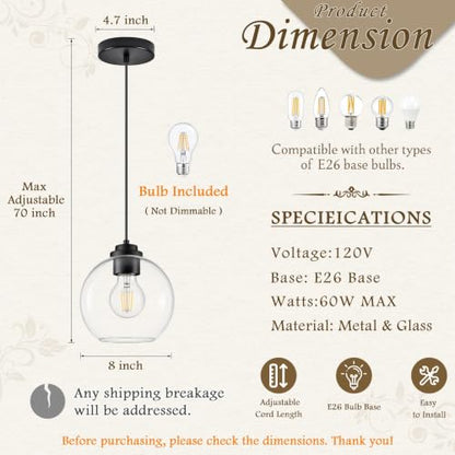8" Globe Pendant Light 2 Pack Pendant Lights Kitchen Island Black Clear Glass Pendant Lights Height Adjustable Mid Century Modern Light Fixture for Dining Room Bedroom Foyer Bulbs Incl (Black & Clear Glass / 8 Inch)