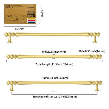 10 Pack Heavy Duty Solid Zinc Alloy Brushed Gold Cabinet Pulls (Brushed Gold / 10"/254MM Hole Center)
