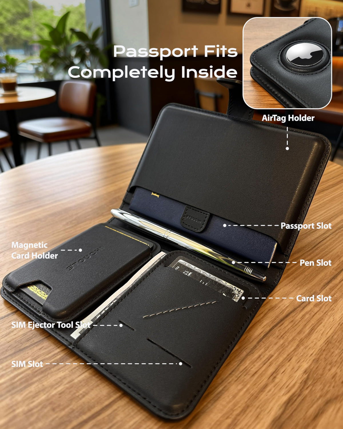 Passport Holder with AirTag (Black)