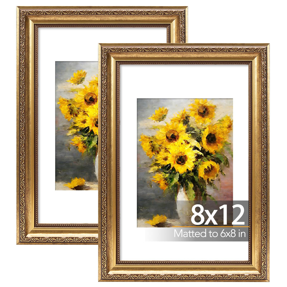 8x12 Vintage Picture Frame with 6x8 Mat Set of 2 (Gold / 8x12 inch)