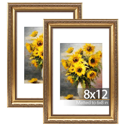 8x12 Vintage Picture Frame with 6x8 Mat Set of 2 (Gold / 8x12 inch)