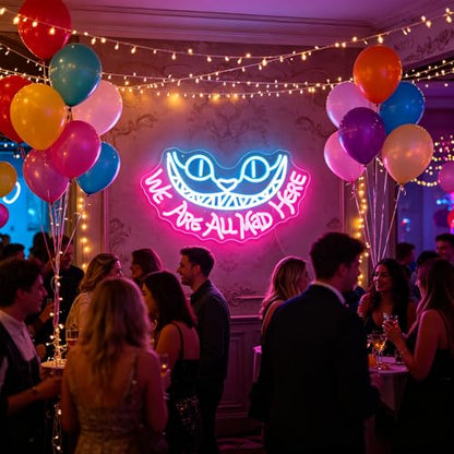 Cheshire Cat Neon Sign for Wall Decor Alice In Wonderland Neon Light We're All Mad Here LED Sings for Bedroom Man Cave Party Bar Background Decoration Birthday Gifts