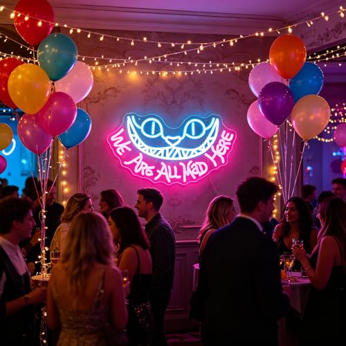 Cheshire Cat Neon Sign for Wall Decor Alice In Wonderland Neon Light We're All Mad Here LED Sings for Bedroom Man Cave Party Bar Background Decoration Birthday Gifts