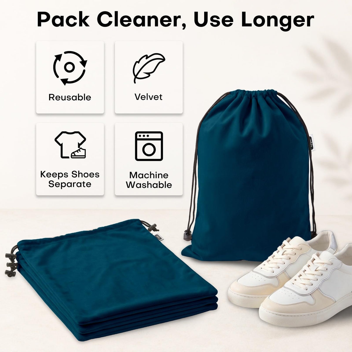 4 Pack Velvet Cloth Shoe Bags for Travel & Packing for Women & Men (Navy Blue)