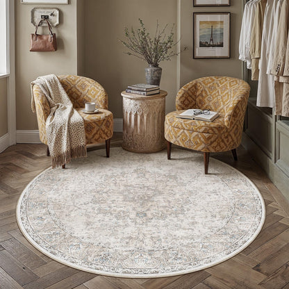 Beige Round Rugs 5x5 Washable Rug Indoor Carpet (Multi Beige / 5' (Round))