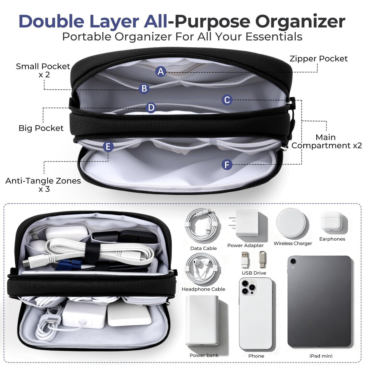 Electronics Travel Organizer 9 Compartment Dual Layer Tech Pouch Lightweight Water Resistant Travel Cable Organizer Bag for Chargers Cords Phone Power Bank Tech Essentials and Daily Items (Black / L)