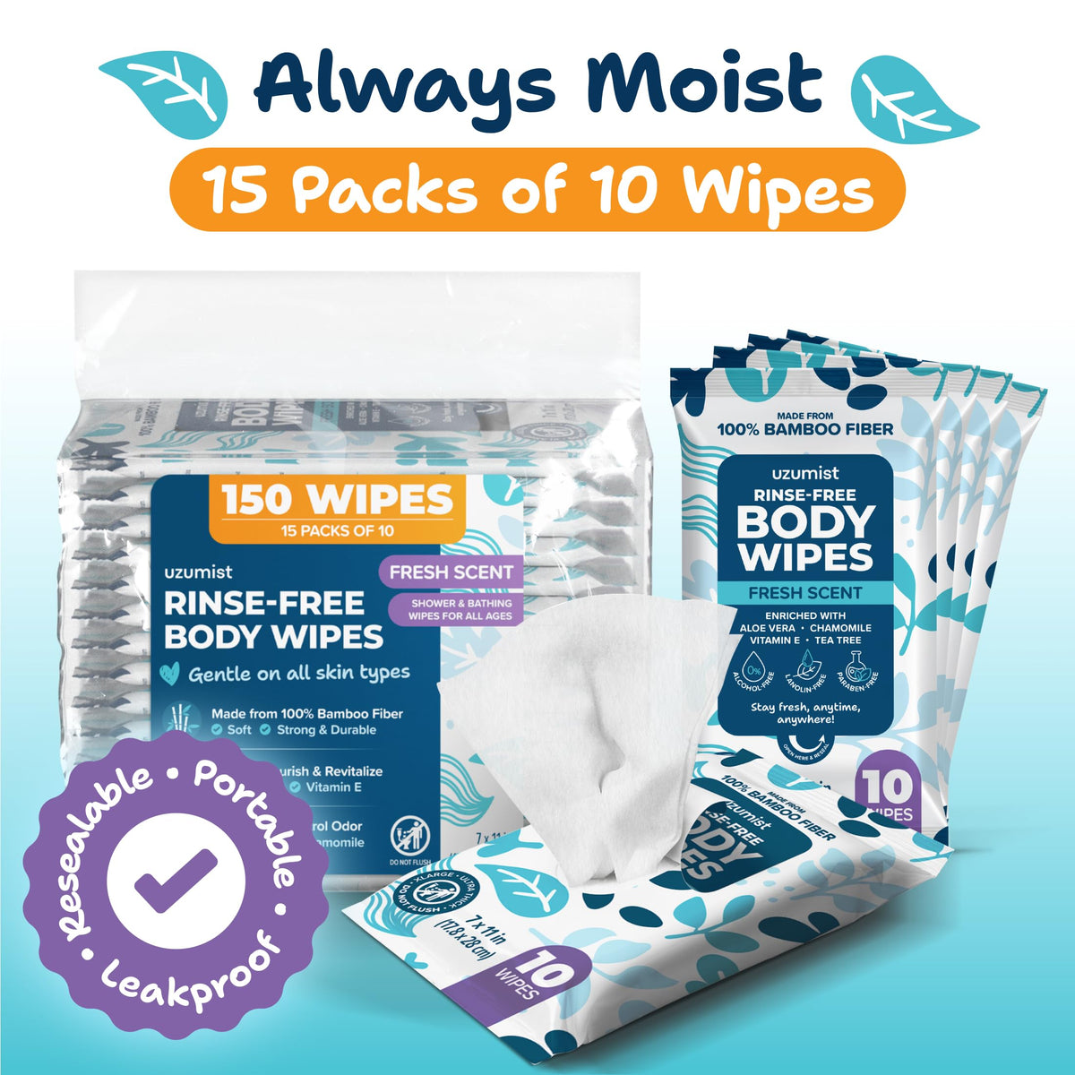 Bath Body Wipes For Adults Bathing No Rinse (150 Pack)