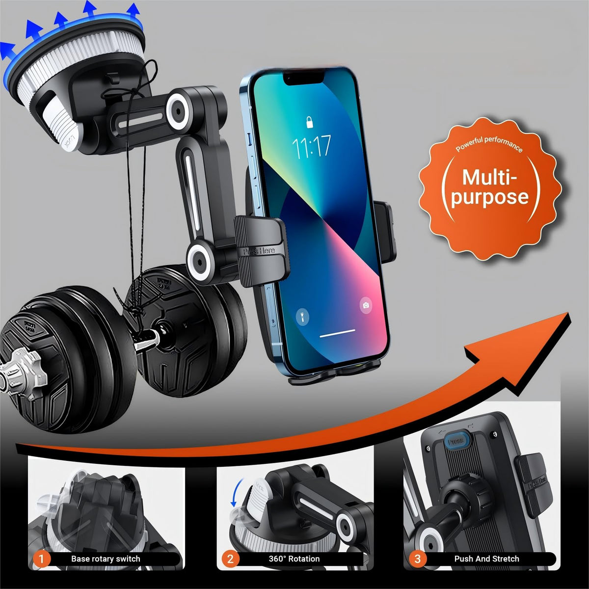 Suction Cup Car Phone Mount Dash Mounted Holders Windshield Phone Mount with 360° Rotation Stable Phone Holders for Your Car with Military