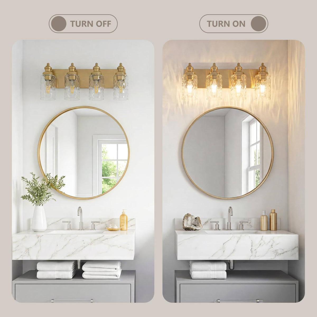 4 Light Bathroom Light Fixtures with Water Ripple Glass (Gold / 4-light)