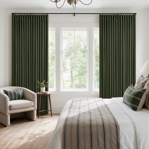 Olive Green Pleated Linen Blackout 102 Inch Loden Curtains for Living Room (Loden / 50"W x 102"L (Pack of 2))