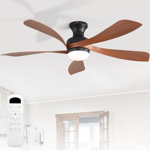 52 Inch Low Profile Ceiling Fans with Lights and Remote (Black+Brown / 52 inch)