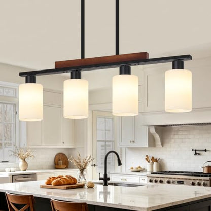 Farmhouse Island Lights for Kitchen Black Dining Room Light Fixtures Over Table with White Shade Wood Linear Chandelier Lighting with Adjustable for Kitchen Island Dining Room