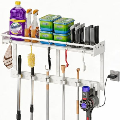 Heavy Duty Wall Mount Mop and Broom Organizer with Hooks