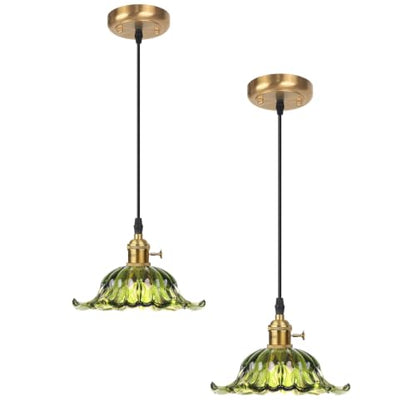 2 Pack Pendant Lights with Green Flower Glass Shade