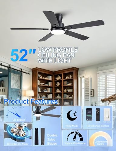 52 inch Low Profile Ceiling Fan with Light and Remote