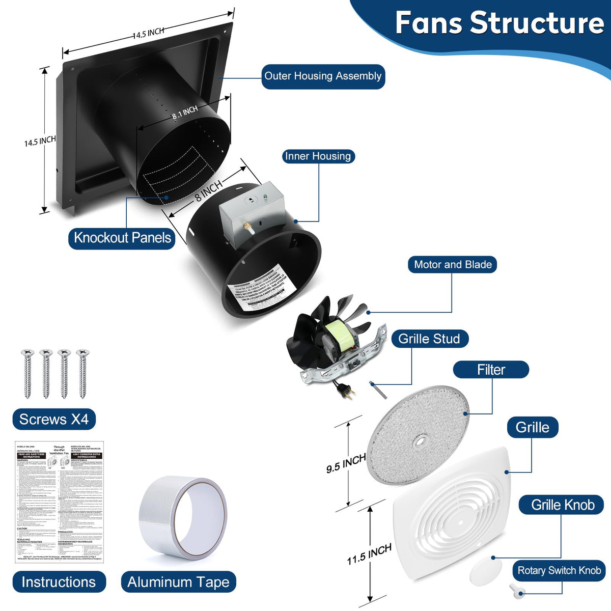 509S Through Wall Exhaust Fan 8 Inch 200 CFM with Filter and On (With Switch Dial / 509S)