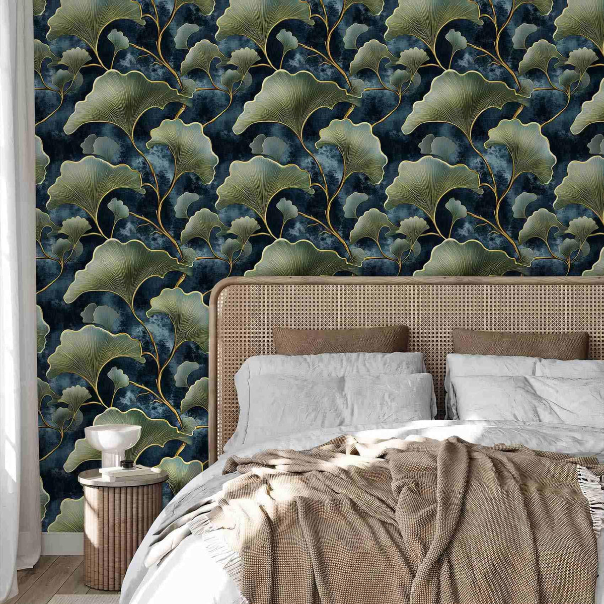 Dark Blue Ginkgo Leaf Peel and Stick Wallpaper (17.7" x 118")