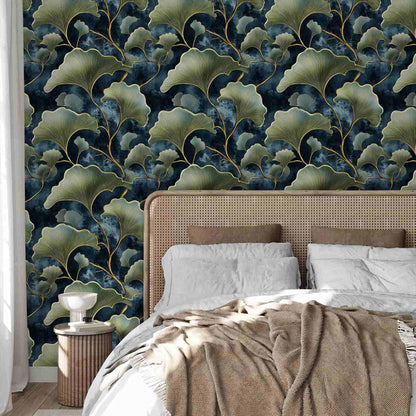 Dark Blue Ginkgo Leaf Peel and Stick Wallpaper (17.7" x 118")