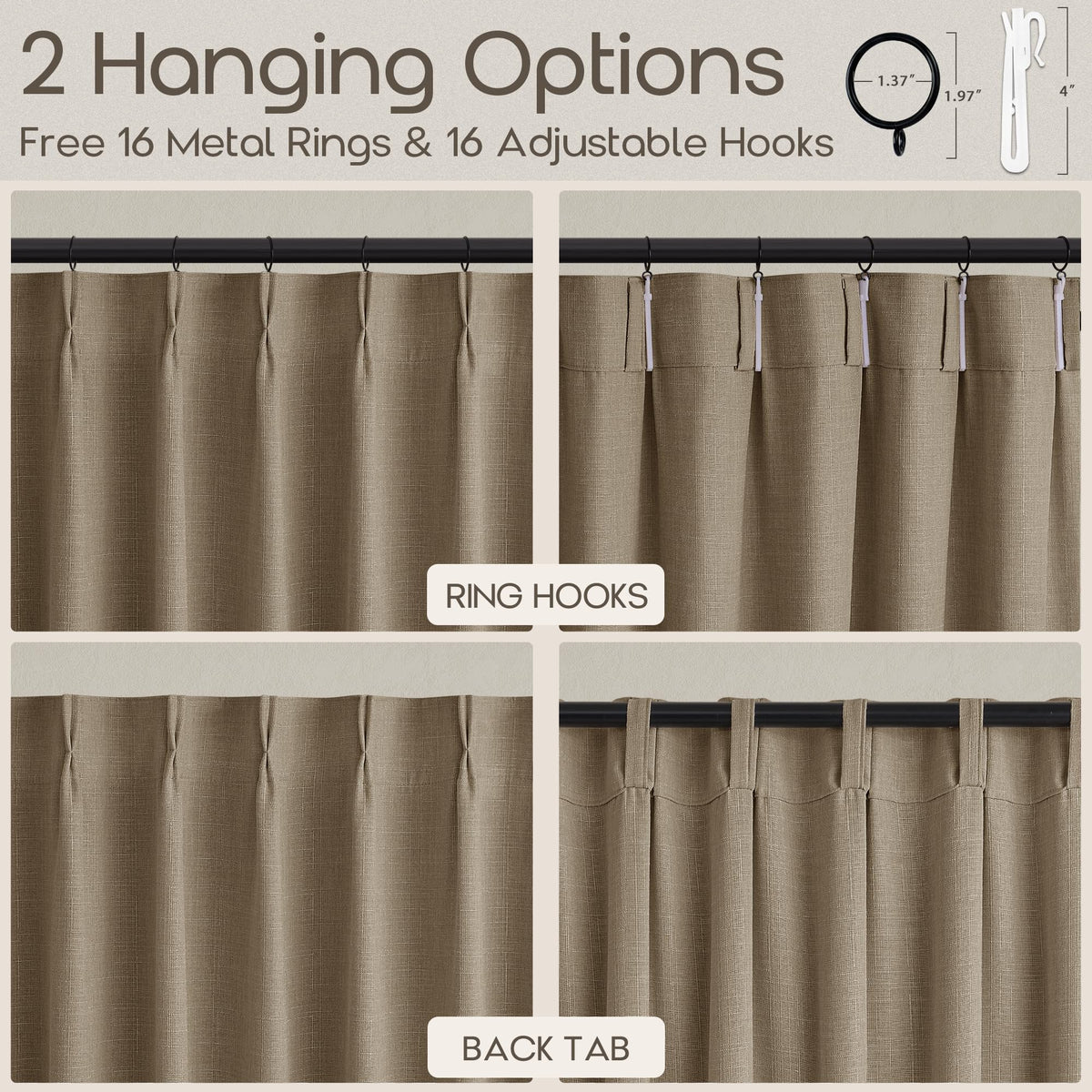 Pinch Pleated Semi Sheer Thick Linen Dark Flax Tan Curtains 90 Inches Long (Dark Flax / 40"W x 90"L (Pack of 2))