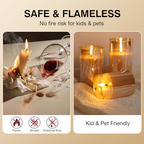 Moving Flame Glass Flameless Pillar Candles with Remote Set of 3