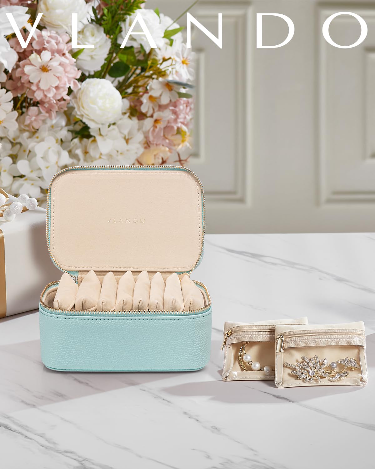 Jewelry Travel Case with 8 Clear Velvet Zipper Pouches (C.8 PCS Lake Blue)