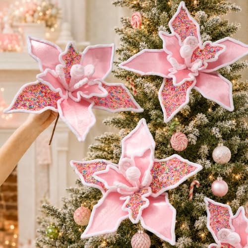 12 PCS 13in Pink Candy Cane Poinsettia Artificial Christmas Flowers (Pink Candy)