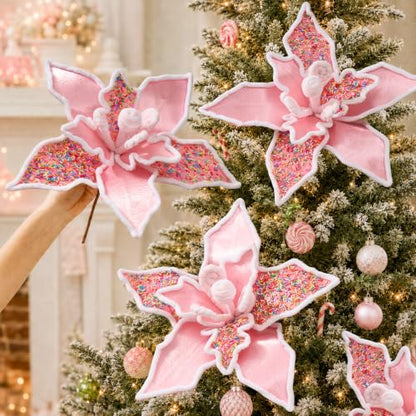 12 PCS 13in Pink Candy Cane Poinsettia Artificial Christmas Flowers (Pink Candy)