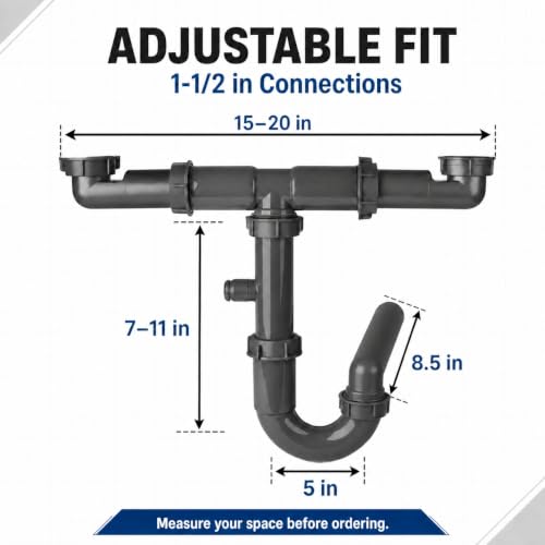 1-1/2" Double Kitchen Sink Drain Kit with P-Trap, PP Material