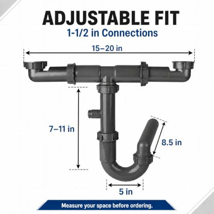 1-1/2" Double Kitchen Sink Drain Kit with P-Trap, PP Material