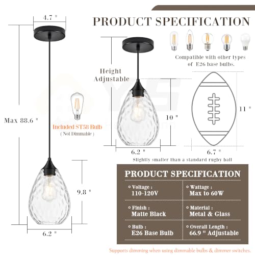 Glass Pendant Lights Kitchen Island 6" Pendant Light Fixtures Hammered Clear Glass Height Adjustable Modern Hanging Pendant Lights for Dining Room