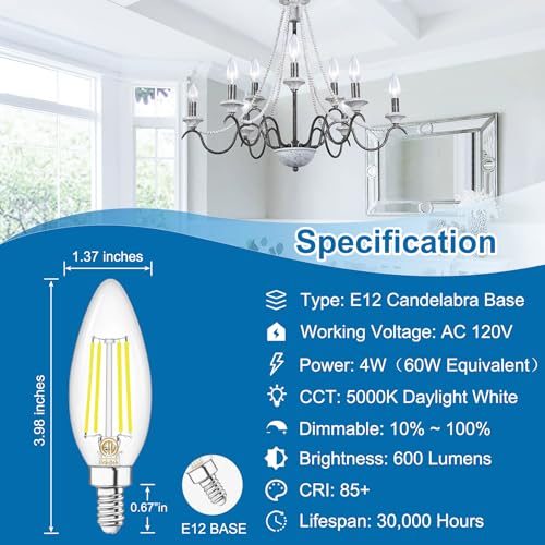 E12 Candelabra LED Light Bulbs 60W Equivalent 5000K Daylight (6 Count (Pack of 1))