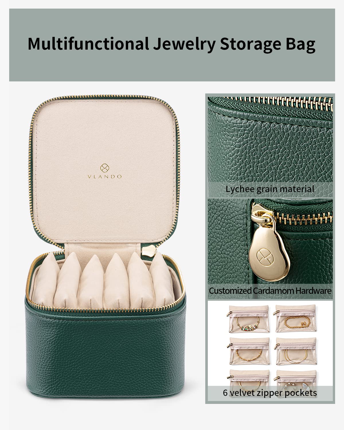 Travel Jewelry Organizer with 6 Clear Velvet Zipper Pouches (B.6 PCS Green)