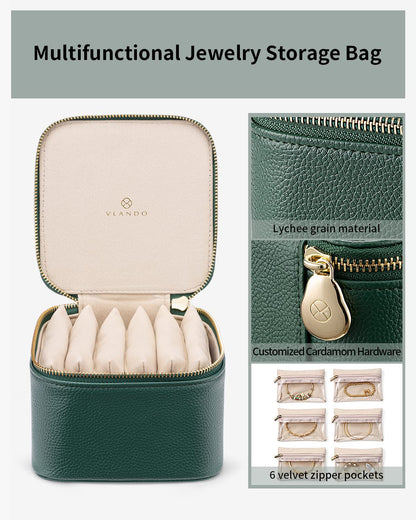 Travel Jewelry Organizer with 6 Clear Velvet Zipper Pouches (B.6 PCS Green)