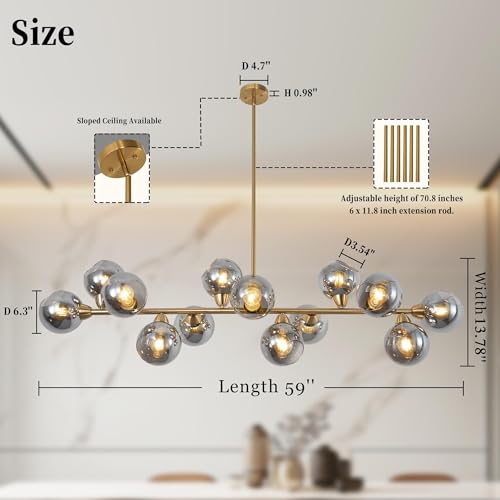 Gold Linear Chandelier 59 Inch Extra Large Sputnik Pendant Light (13 Lights Smoke Gray and Gold)