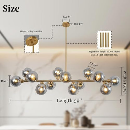 Gold Linear Chandelier 59 Inch Extra Large Sputnik Pendant Light (13 Lights Smoke Gray and Gold)