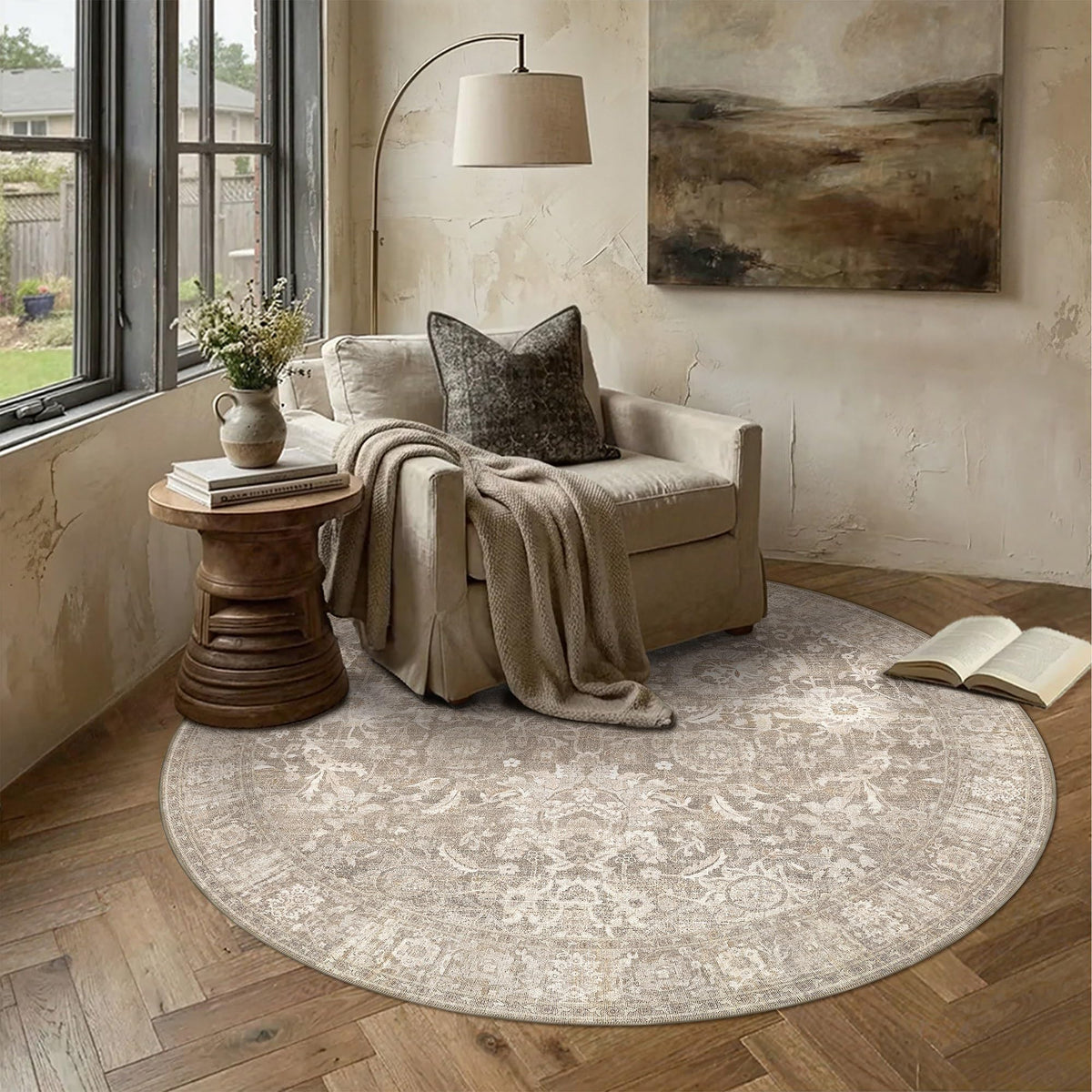 5x5 Round Rugs Beige Vintage Rug for Living Room (Retro | Beige / 5' (Round))