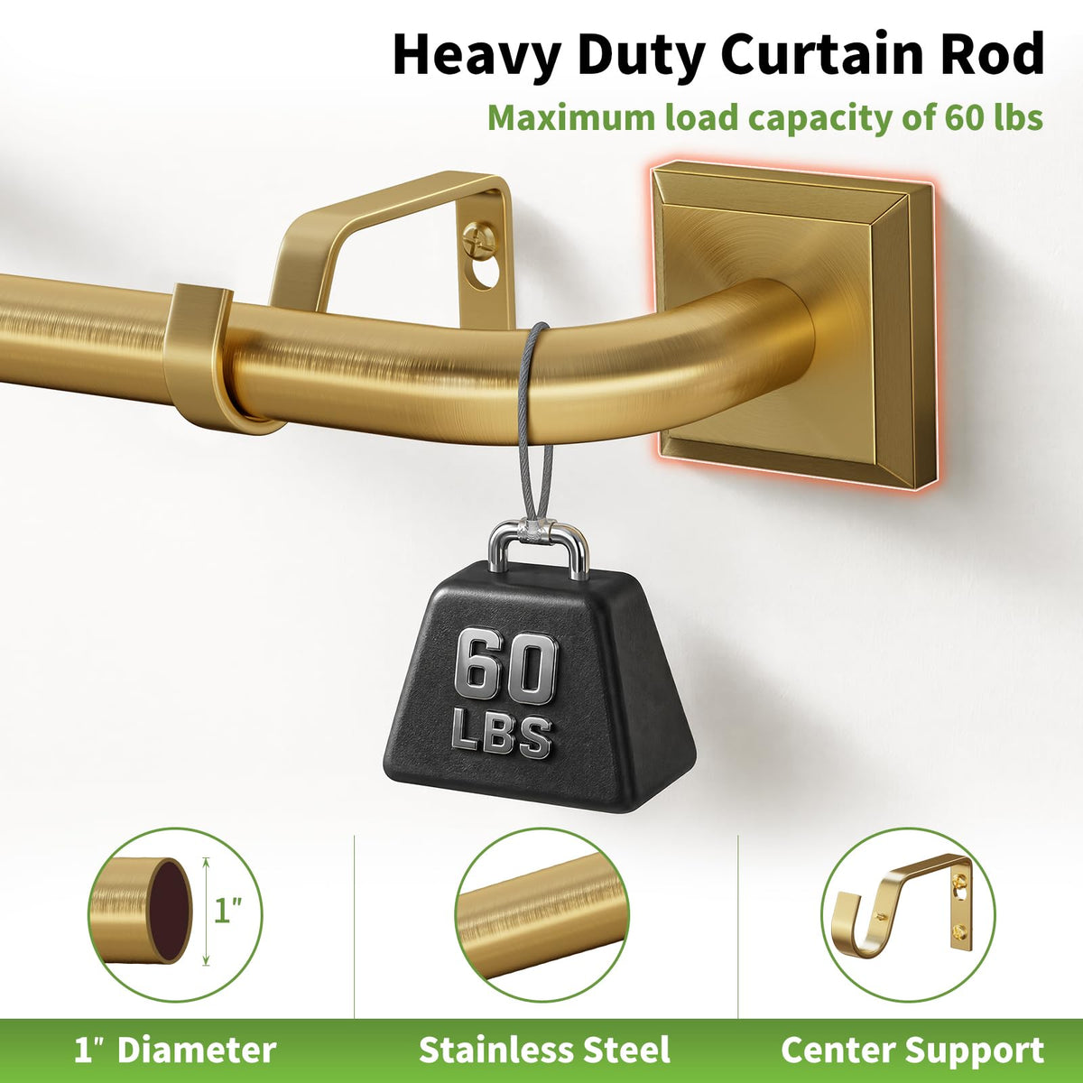 Brushed Gold Curtain Rods for Windows 66 (Brushed Gold / 66"-152")