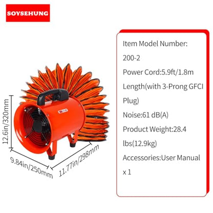 8 Inch Industrial Portable Air Blower Ventilator with Hose