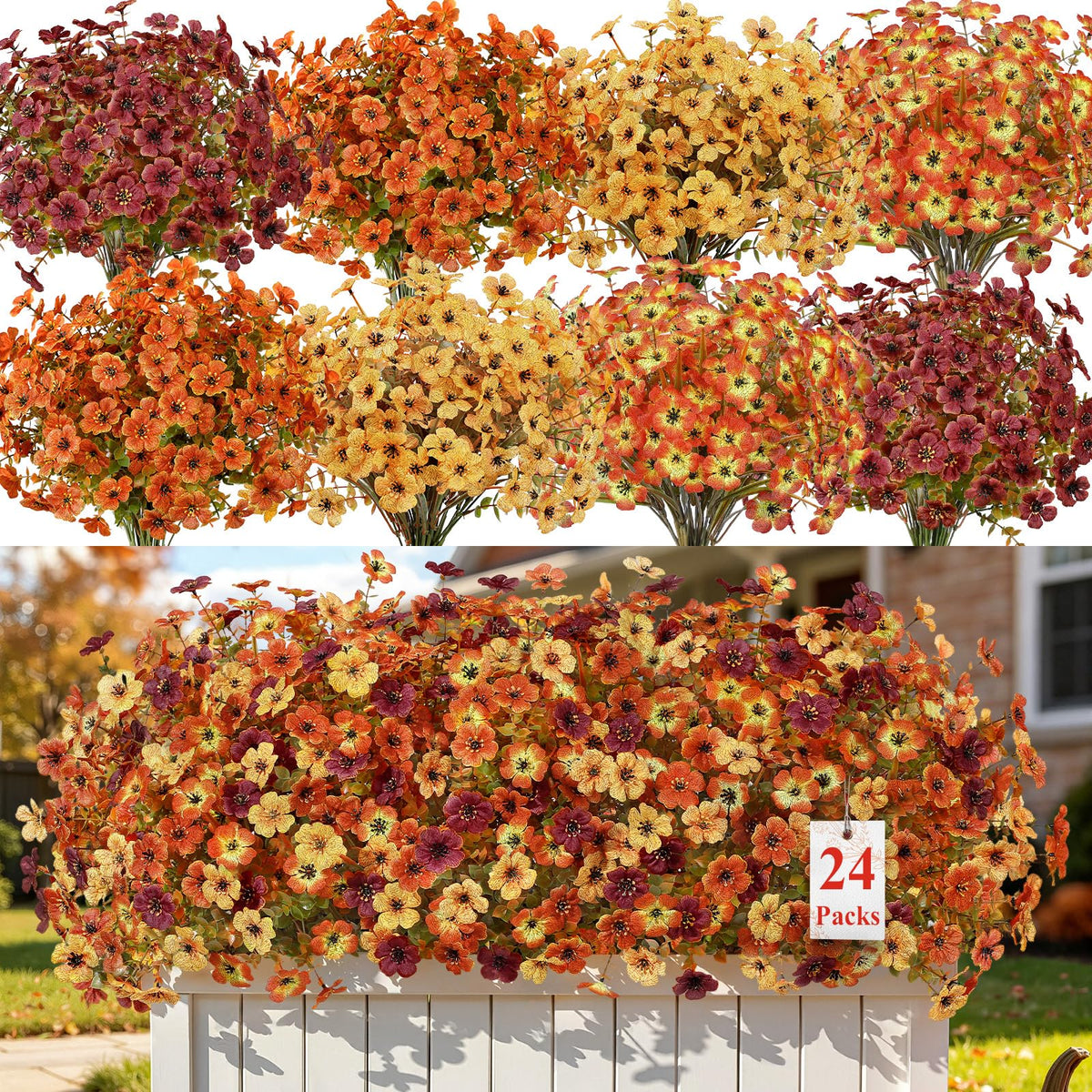 24 Bundles Artificial Fall Flowers (Orange Brown Yellow Ombre Orange)