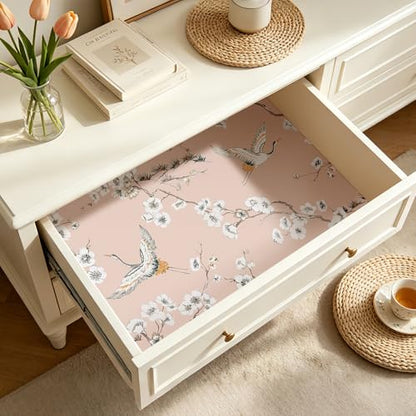 Pink Crane Wallpaper Peel and Stick Japanese Cherry Blossom Wallpaper Vintage Asian Bird Flying Crane Contact Paper Self Adhesive
