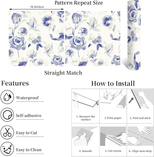 Floral Wallpaper Peel and Stick Vintage Contact Paper Indigo Floral Self Adhesive Removable Wallpaper Waterproof for Bathroom Kitchen Decorative Vintage Contact Paper Vinyl