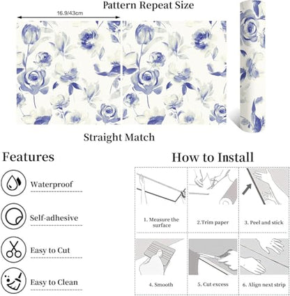 Floral Wallpaper Peel and Stick Vintage Contact Paper Indigo Floral Self Adhesive Removable Wallpaper Waterproof for Bathroom Kitchen Decorative Vintage Contact Paper Vinyl
