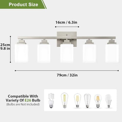 Brushed Nickel Bathroom Light Fixtures (Nickel-White Shade / 5-Light)