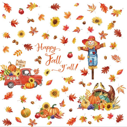8 Sheet Thanksgiving Wall Decals Watercolor Happy Fall Maple Leaves Pumpkin Truck Room Mural Stickers for Autumn Home Party