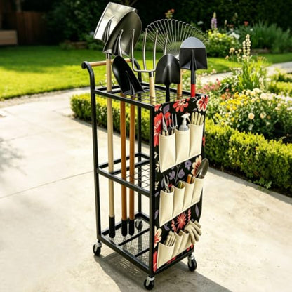 Garden Tool Organizer with Wheels 3 Tier Yard Tool Organizer Rack with Side Storage Pockets Sturdy Metal Steel Holder with 6 Hooks for Garage