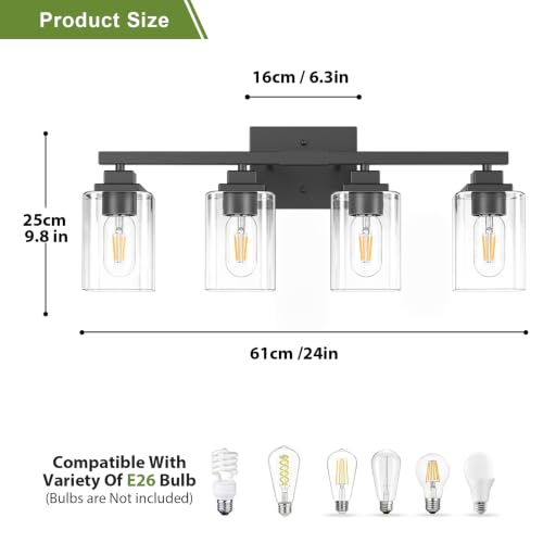 Matte Black Bathroom Light Fixtures (Black-Clear Shade / 4-Light)